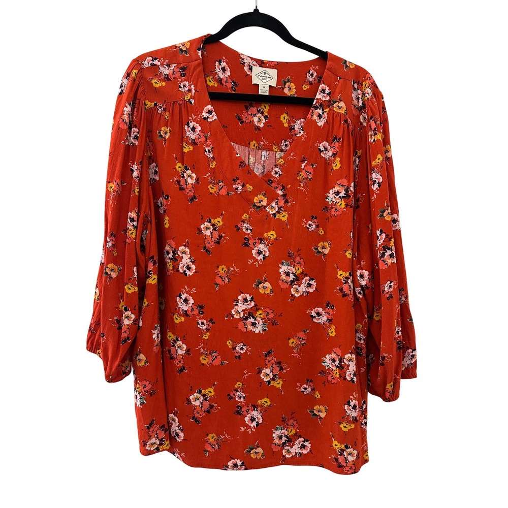 St. John's Bay Women 1X Orange Floral Puff Sleeve Top Fall Autumn Western Boho